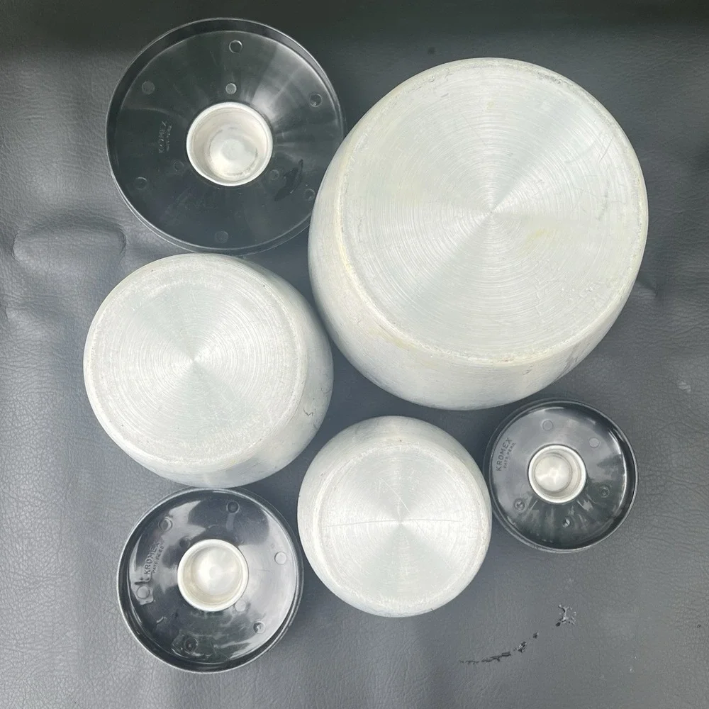 Vtg Kromex 3 Canister Spun Aluminum Flour Coffee Tea - Retro Kitchen Set w/lids